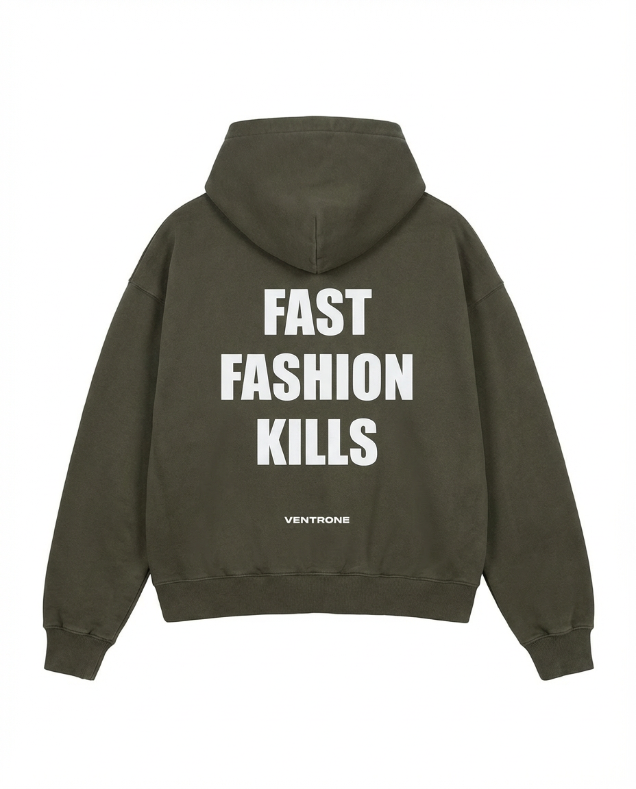 “FAST FASHION KILLS” Vintage Olive Oversized Boxy Hoodie.