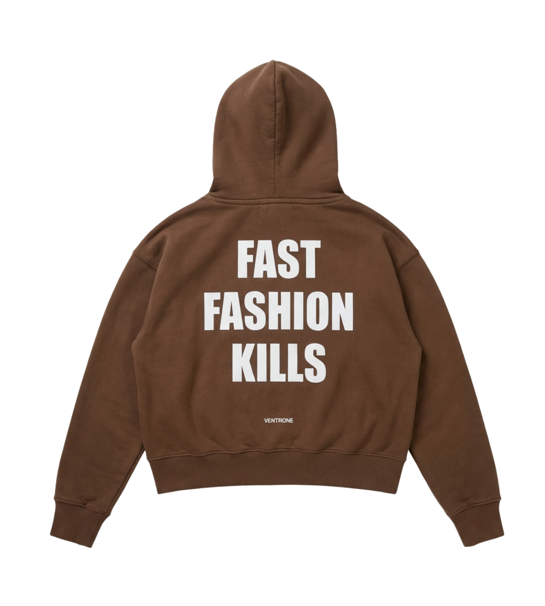 “FAST FASHION KILLS” Vintage Tan Oversized Boxy Hoodie.