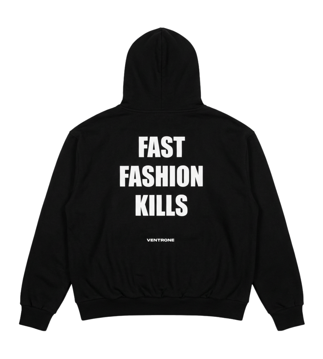 “FAST FASHION KILLS ”Black Oversized Zipped Hoodie.